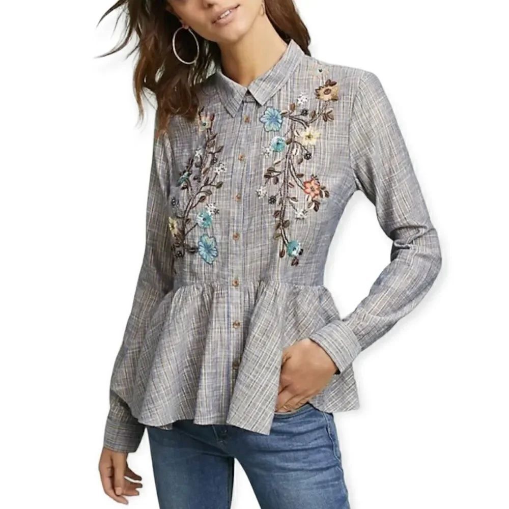 Anthropologie HD in Paris Ella Embroidered Peplum Blouse Size XS